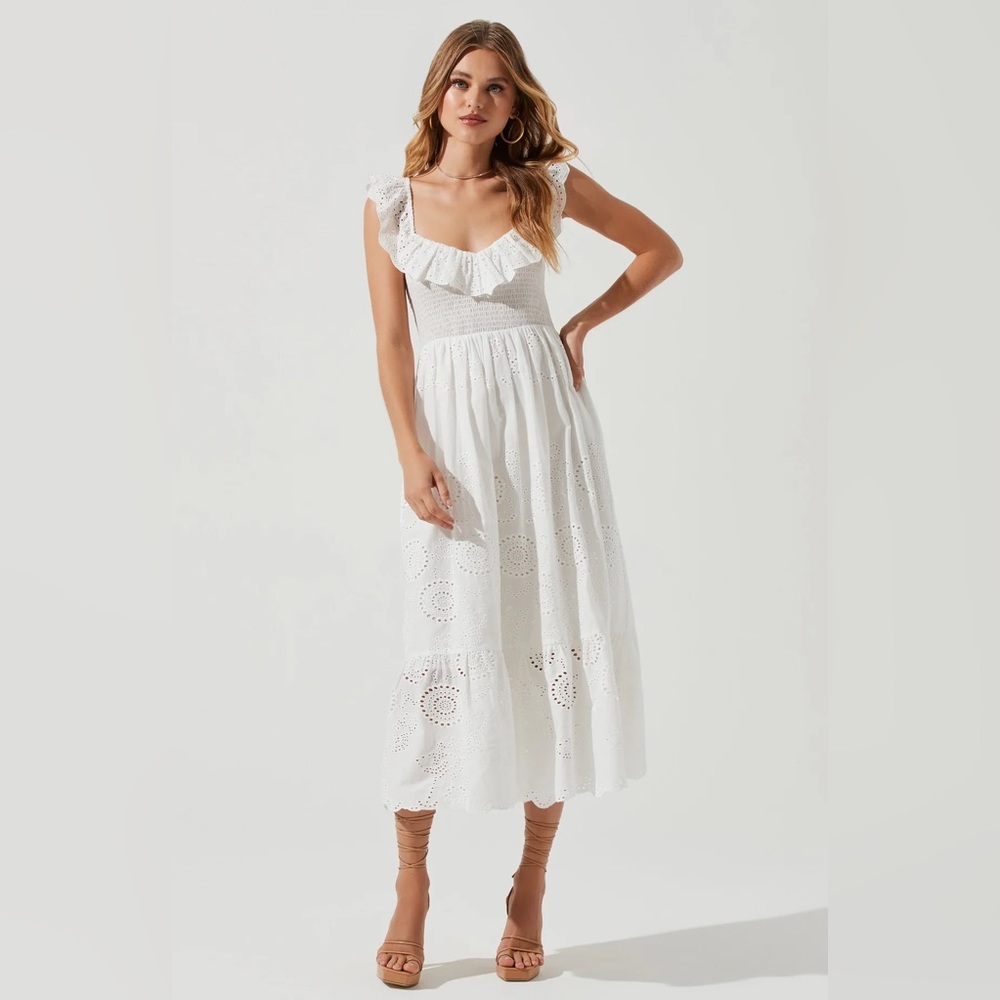 Cottage Eyelet Ruffle Midi Dress White